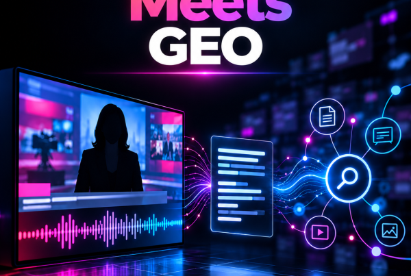 Abstract broadcast-to-AI graphic showing a news screen, audio waveform and transcript-style data flowing into search and AI networks, illustrating how broadcast content can become more discoverable through GEO.