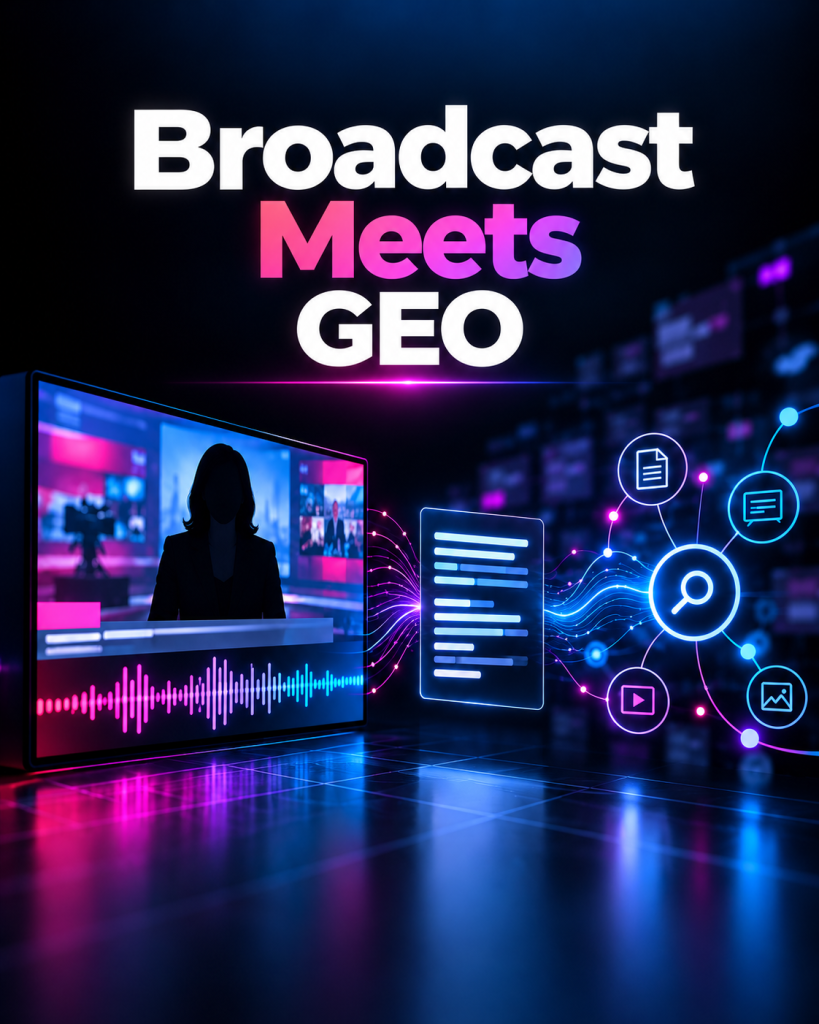 Abstract broadcast-to-AI graphic showing a news screen, audio waveform and transcript-style data flowing into search and AI networks, illustrating how broadcast content can become more discoverable through GEO.